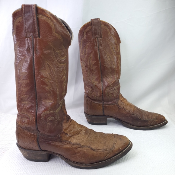 Justin Western Boots Ostrich Quill Snake Brown Leather Pull On Cowboy Shoes 8.5D - Picture 4 of 11